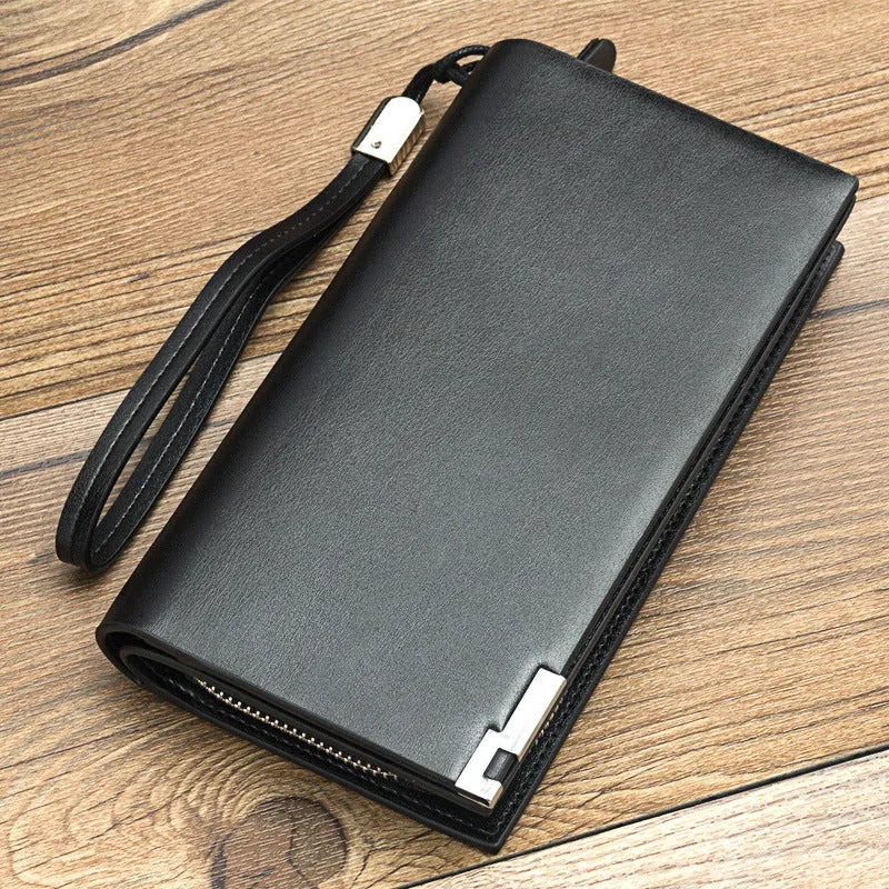 Men's black PU leather zipper wallet showing multifunctional design and card organisation
