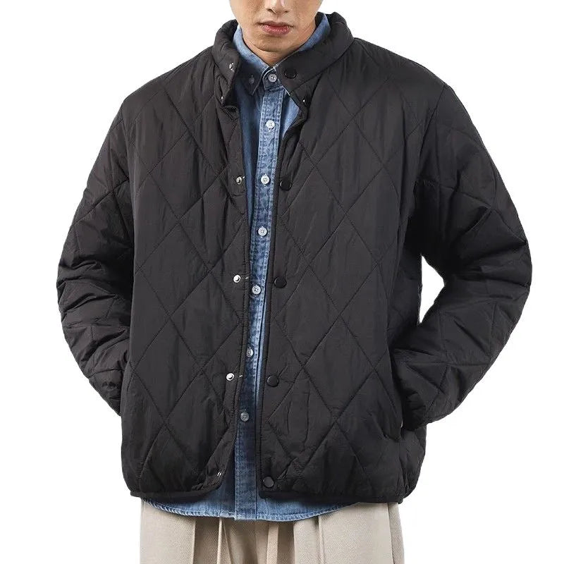 Men's black diamond lattice quilted winter jacket with extended length and loose fit