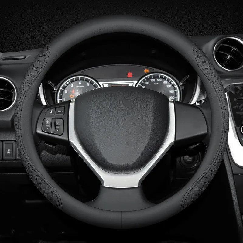 Black two-colour line steering wheel cover for Suzuki vehicles with 38cm diameter and Napa leather texture
