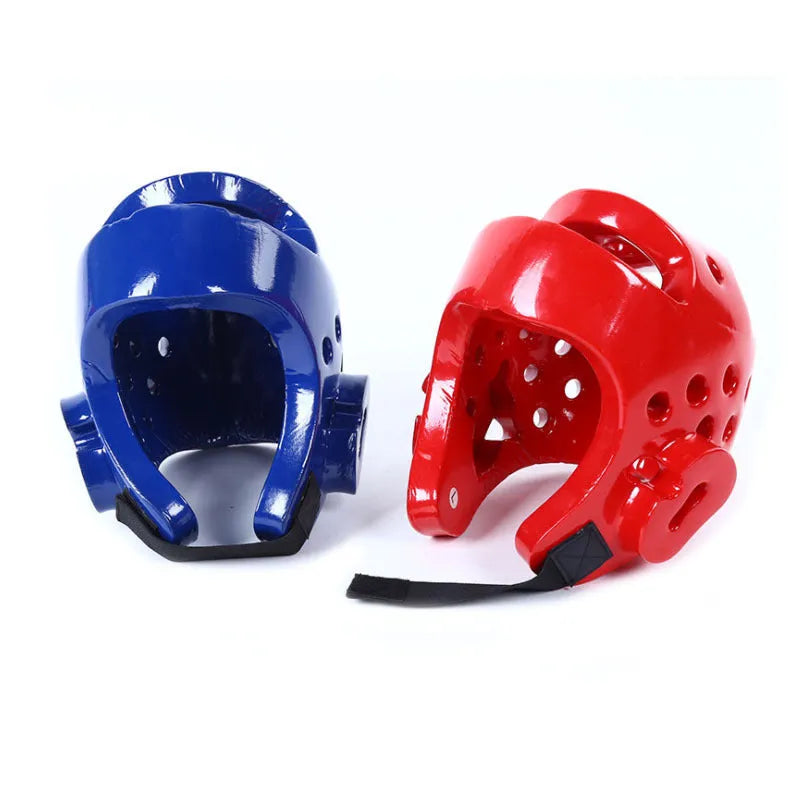 Karate protective gear set with red leg guards, helmet, and boxing gloves for martial arts training