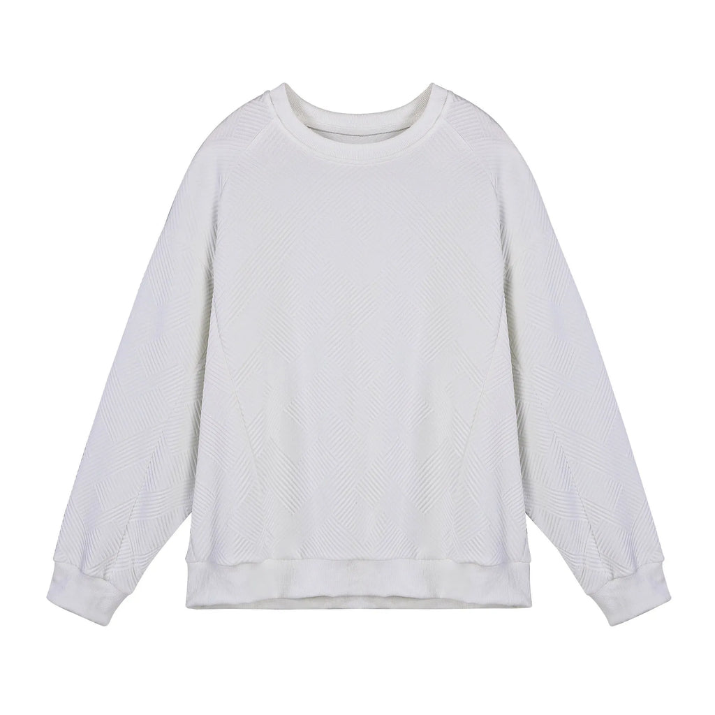 Men's solid colour twill jacquard long sleeve pullover sweater on a hanger.