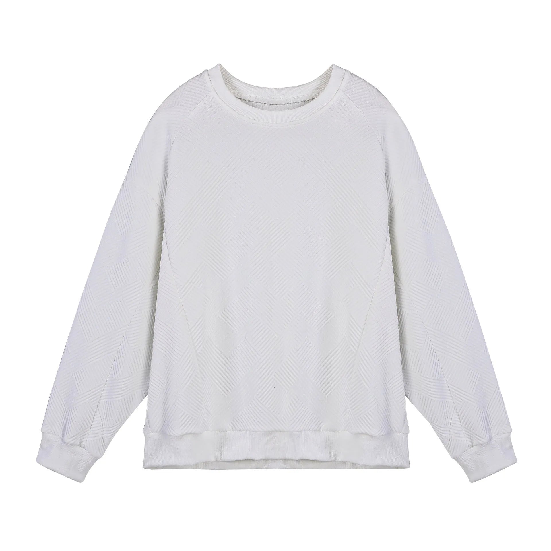 Men's solid colour twill jacquard long sleeve pullover sweater on a hanger.