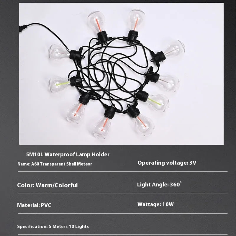Waterproof outdoor decorative string lights with transparent meteor bulbs for garden and wedding use