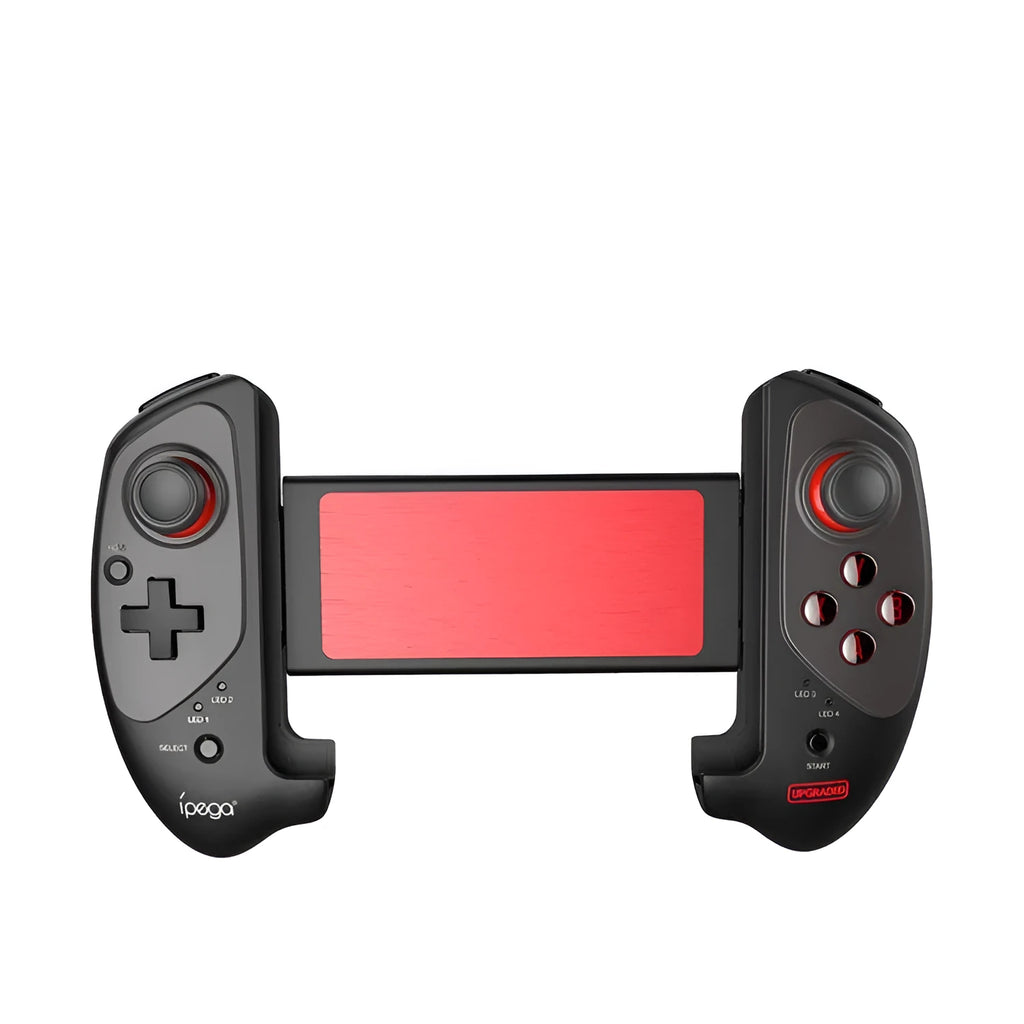 Red telescopic Bluetooth gamepad controller extended to hold a smartphone, with USB cable.