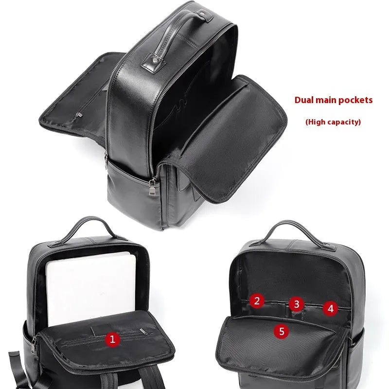 Men's black leather computer backpack with woven detailing and substantial 36-55 litre capacity