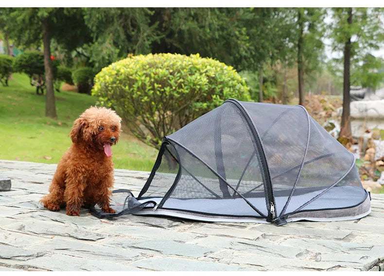 L code portable folding cloth tent for cats, shown with half-mesh panels in blue colour.