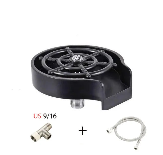 Stainless steel automatic glass washer with black ABS base and copper connection hose