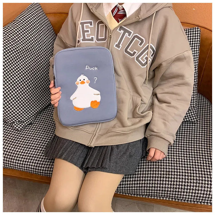 Blue cotton tablet case with cartoon duck embroidery and zipper closure for 11-16 inch tablets