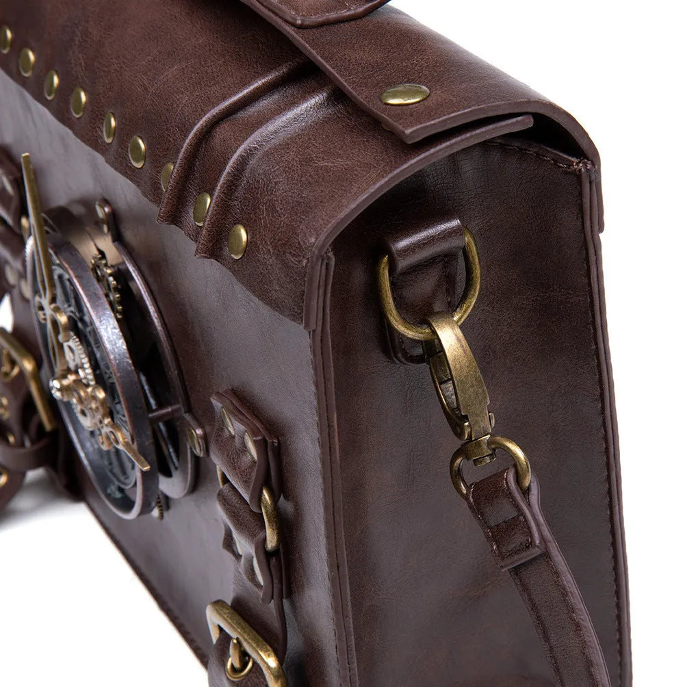 Bronze steampunk style shoulder bag with metal details and a soft pillow bag shape.