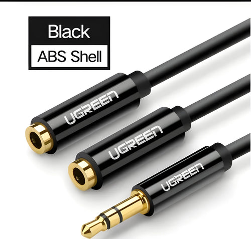 Short 20cm black 3.5mm audio cable with gold-plated plugs for connecting headphones to audio devices.