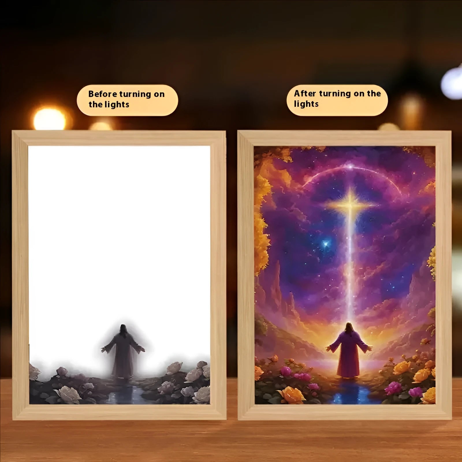 Modern rectangular LED light painting picture frame with USB cable, showing example of a sea theme design.