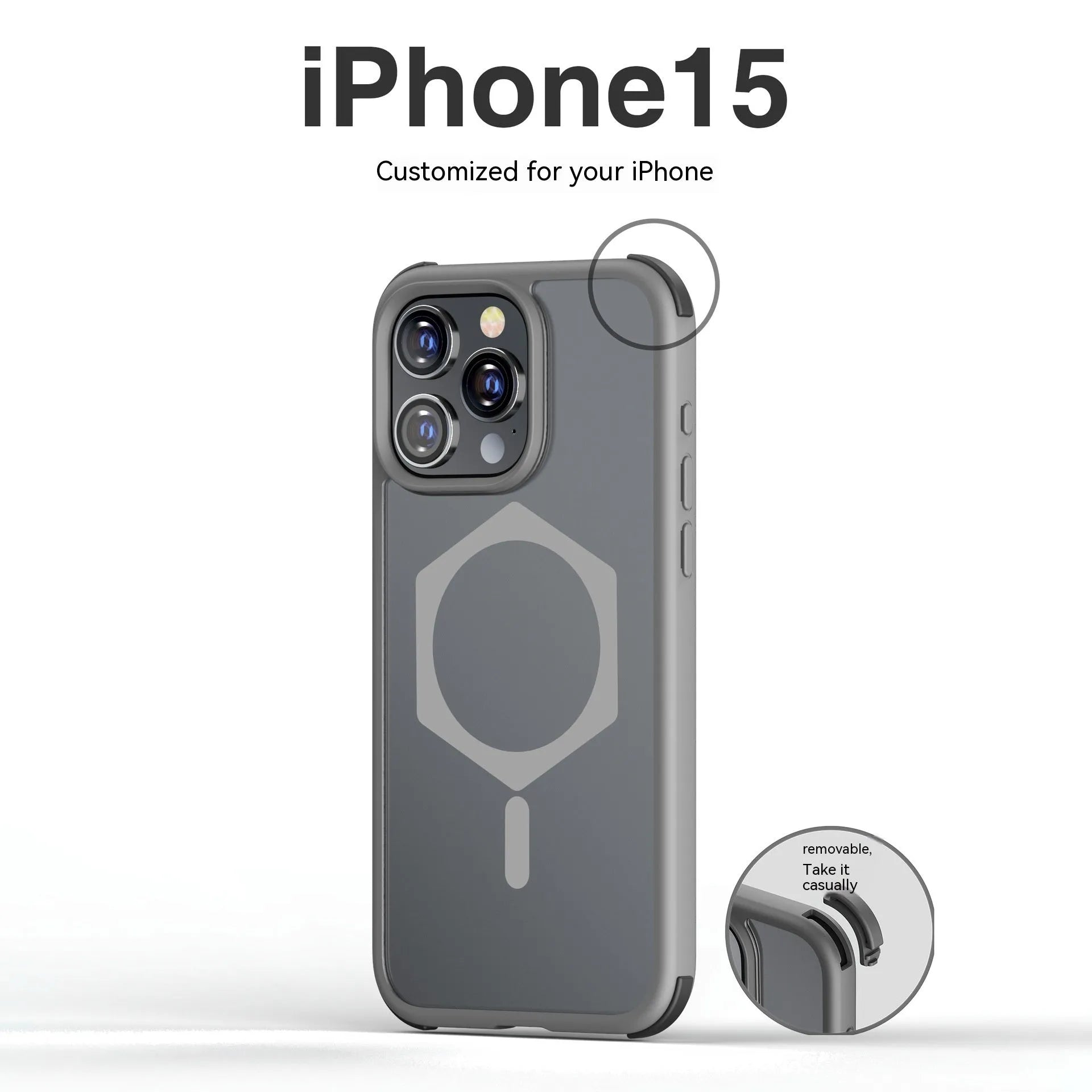Matte frosted silicone magnetic phone case for Apple iPhone 15 in black with magnetic ring