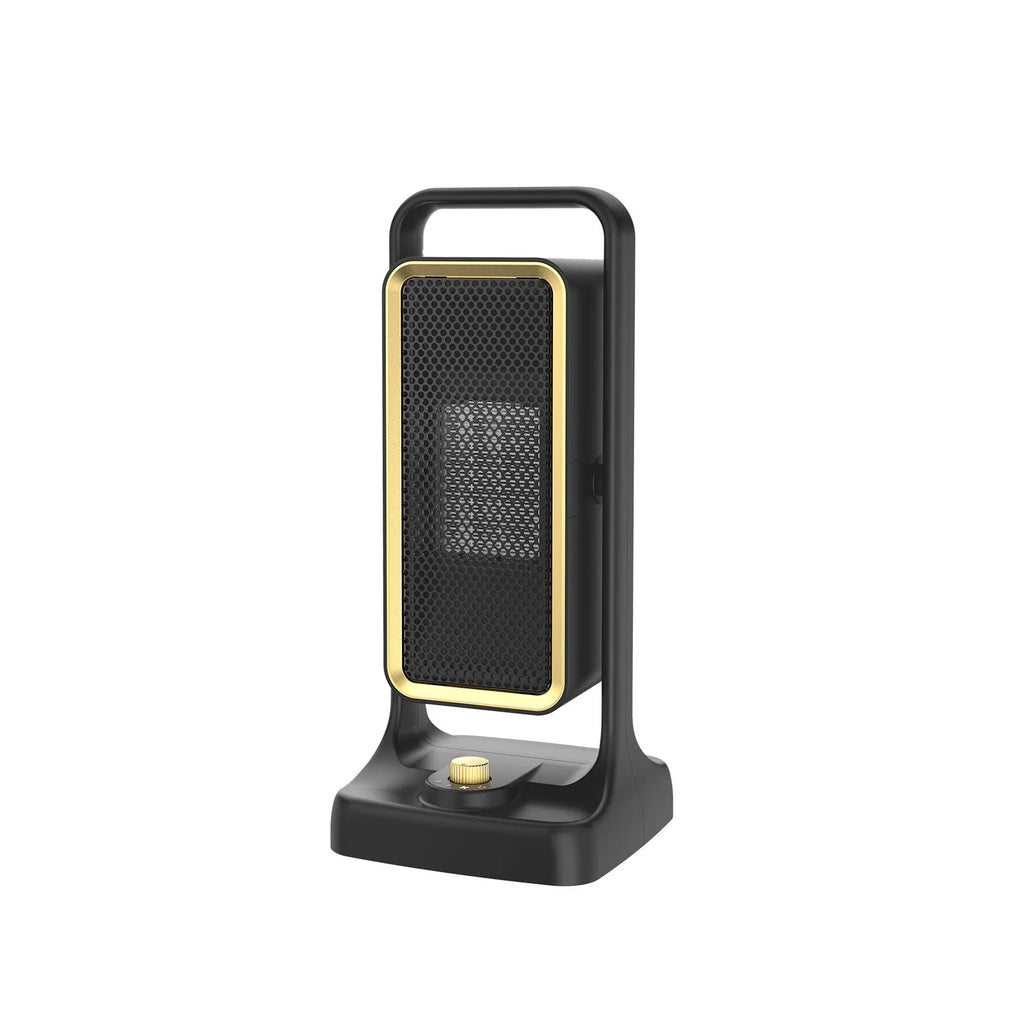 Black PTC ceramic desktop heater with knob controls measuring 14.9cm wide