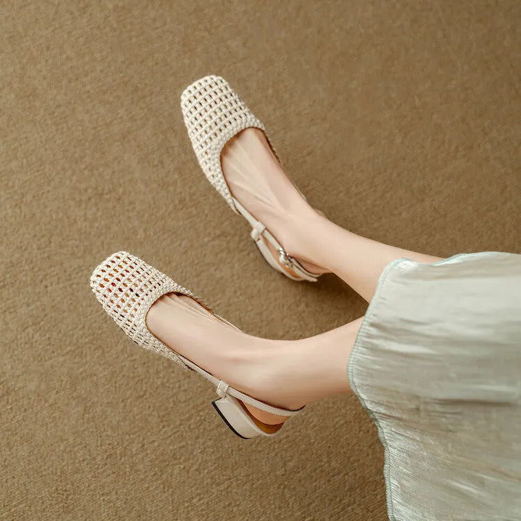 Women's woven hollow-out closed toe sandals with 4cm chunky heel and buckle fastening in black and beige