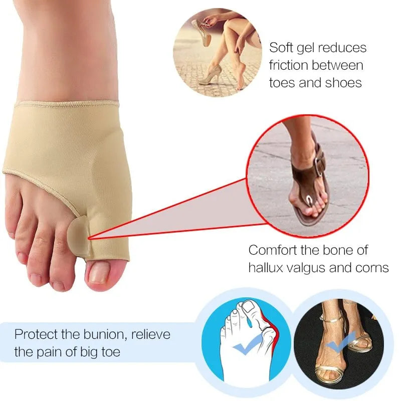 Corrective toe socks with silicone gel bunion pad and toe separator in sizes S, M, L.