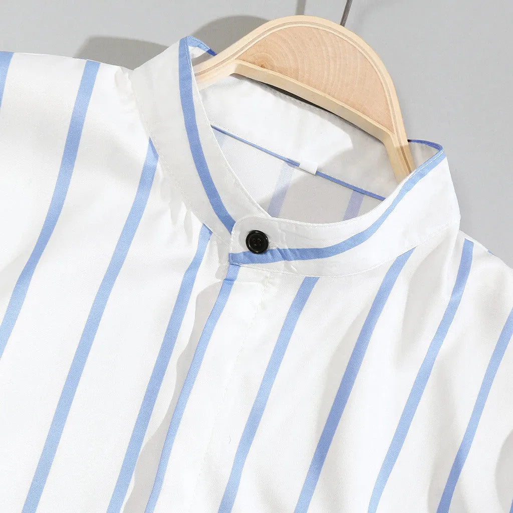 Men's striped wide lapel button cardigan long sleeve casual shirt in blue, cotton-polyester blend