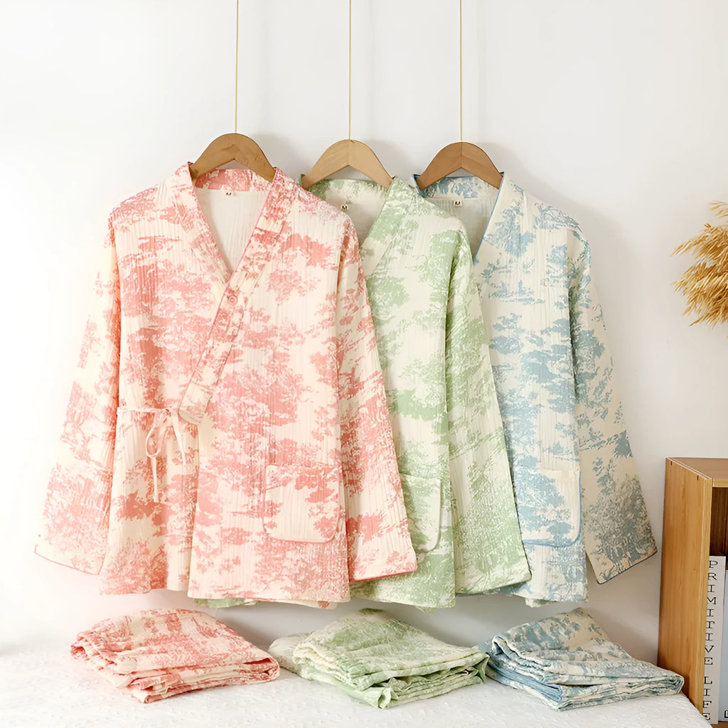 Women's pure cotton gauze two-piece suit with lace-up detailing in frosted pine trees colour