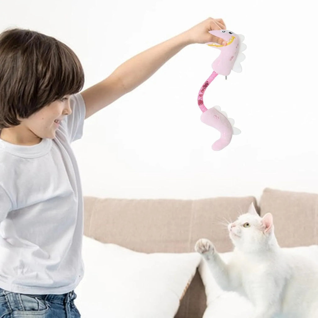 Set of four cat toys including plush fish, bunny, mouse shapes with rope toys and springs