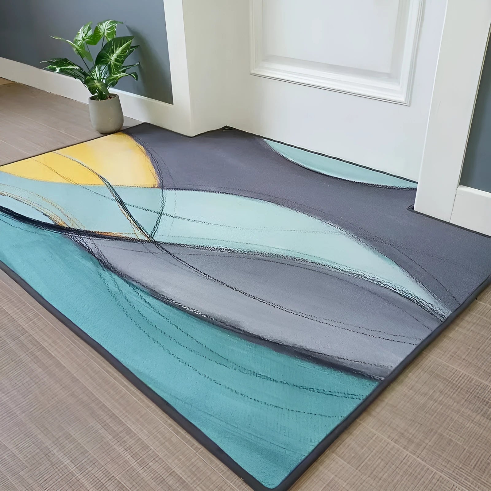 Modern minimalist human door mat with geometric jacquard pattern in Hairy Geometric colour, 400x600mm size, non-slip bottom