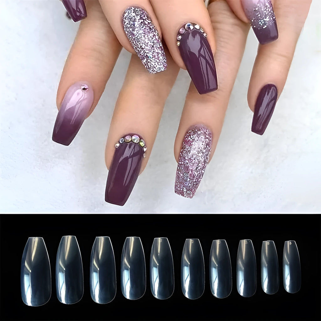 500 transparent and natural coloured ABS false nails in ten sizes, packaged in small bags.