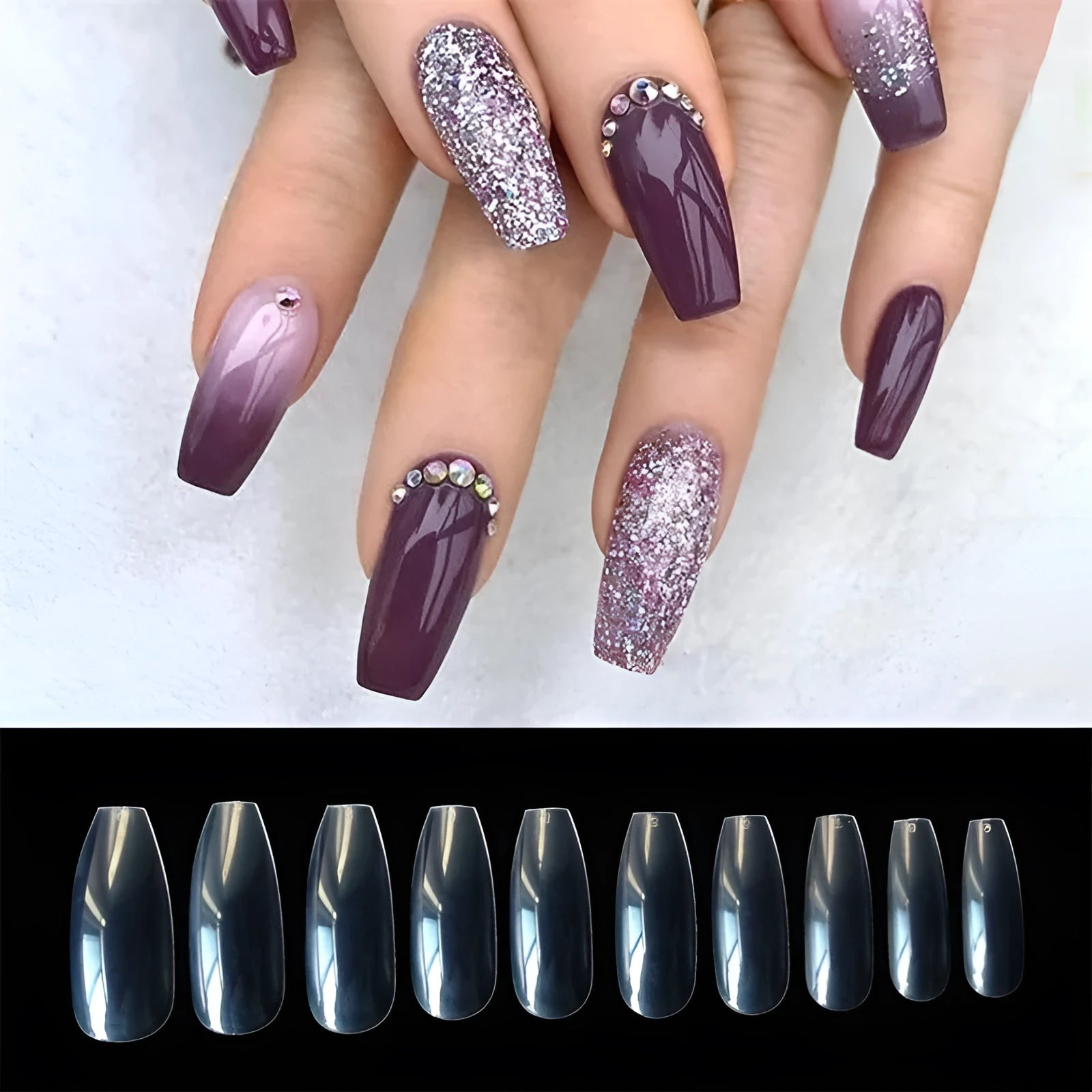 500 transparent and natural coloured ABS false nails in ten sizes, packaged in small bags.