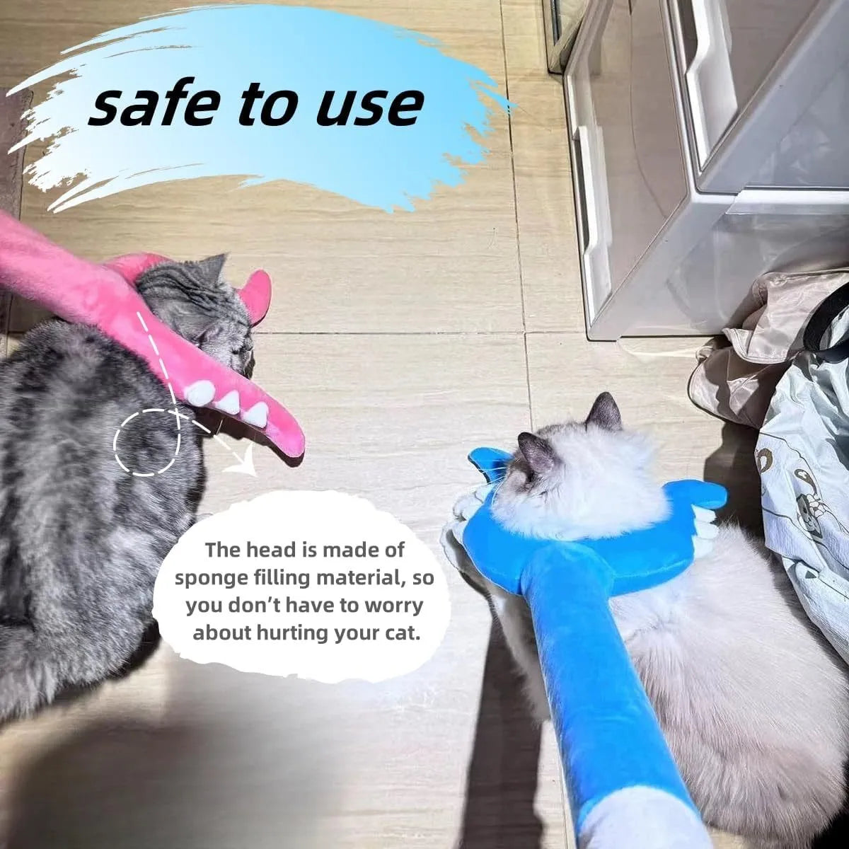 Blue plush cat wand toy with 70cm length showing soft exterior and foam-filled head section