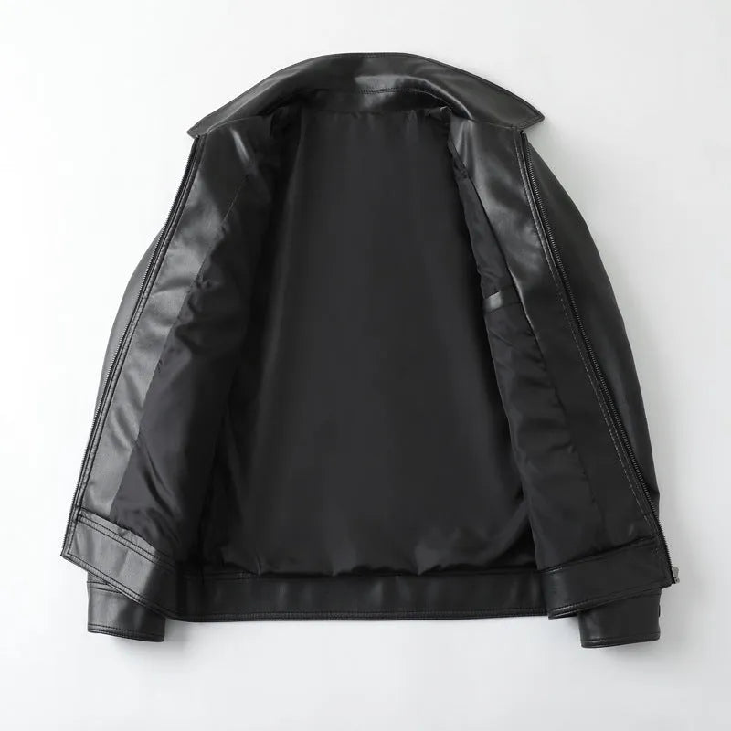 Men's solid black PU leather casual jacket with zipper pockets on a model.