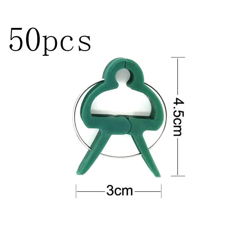 Green plastic and zinc plant fixing clips, showing large and small sizes for garden vine and tomato support.