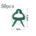 Green plastic and zinc plant fixing clips, showing large and small sizes for garden vine and tomato support.