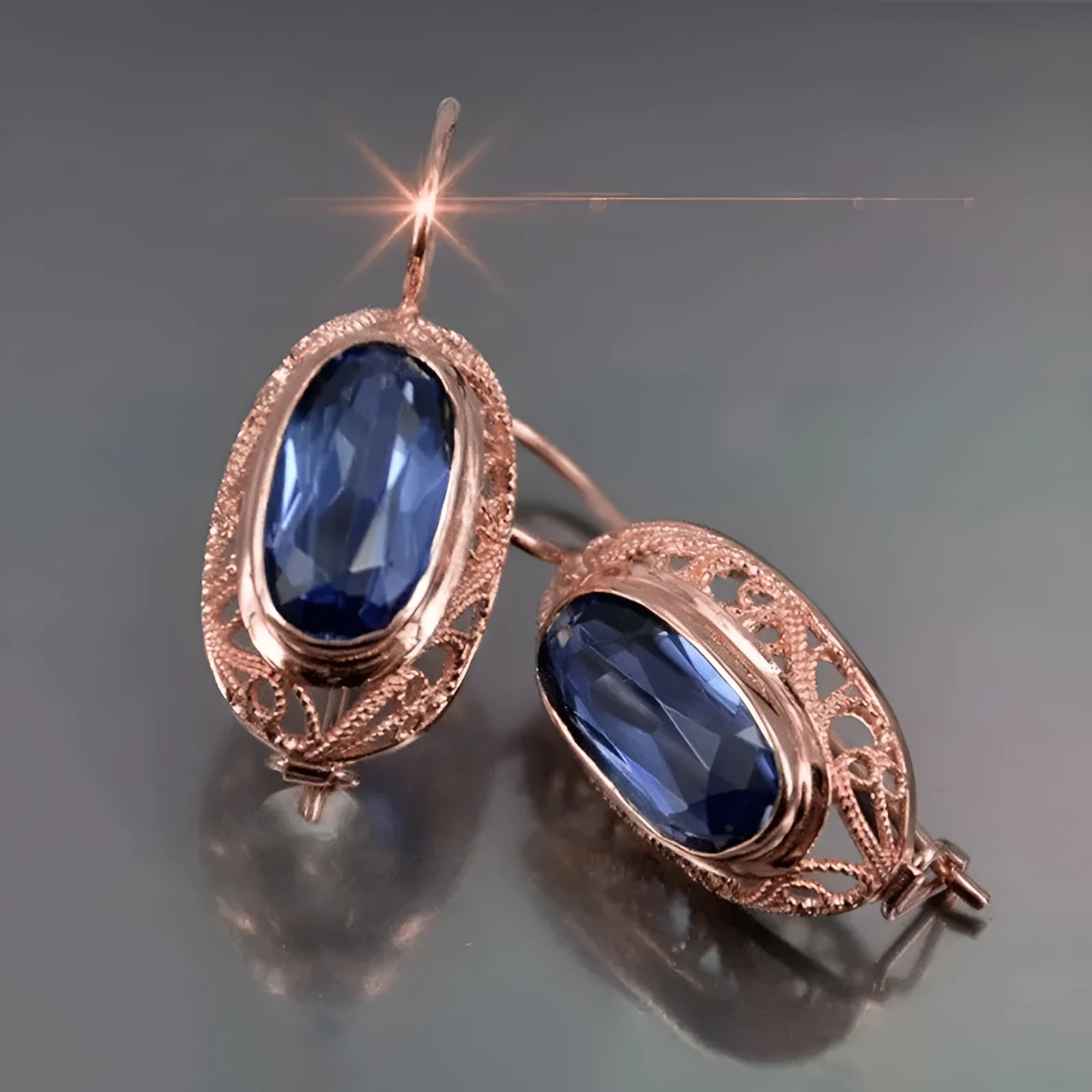 Women's geometric copper glass earrings red blue ellipse ring line shape pair