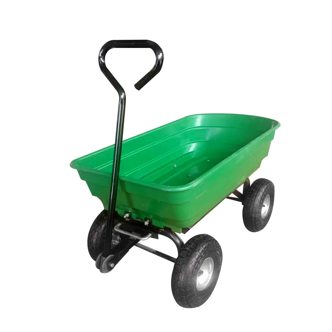 Green four-wheel plastic dump truck with steel reinforcement and dump mechanism for agricultural material transport