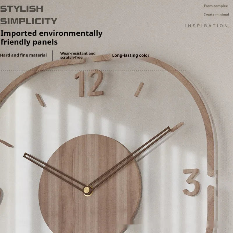 Transparent wooden frame wall clock with clear dial showing modern design, 35cm square size