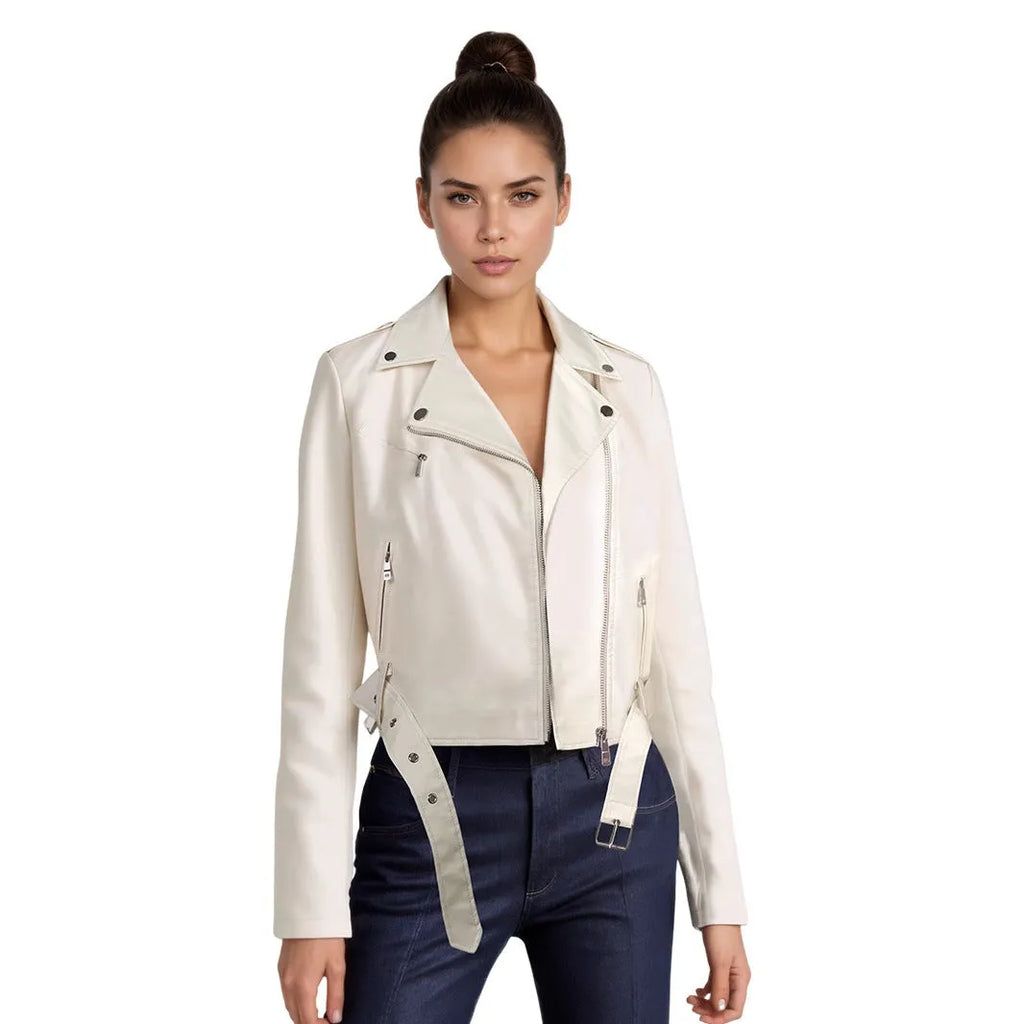 Women's black PU leather motorcycle-style jacket with lapel collar and waist belt on a hanger.