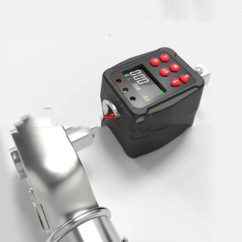 Digital torque meter with 1/2 inch square drive head and LCD display, part of a three-piece metal tool set.