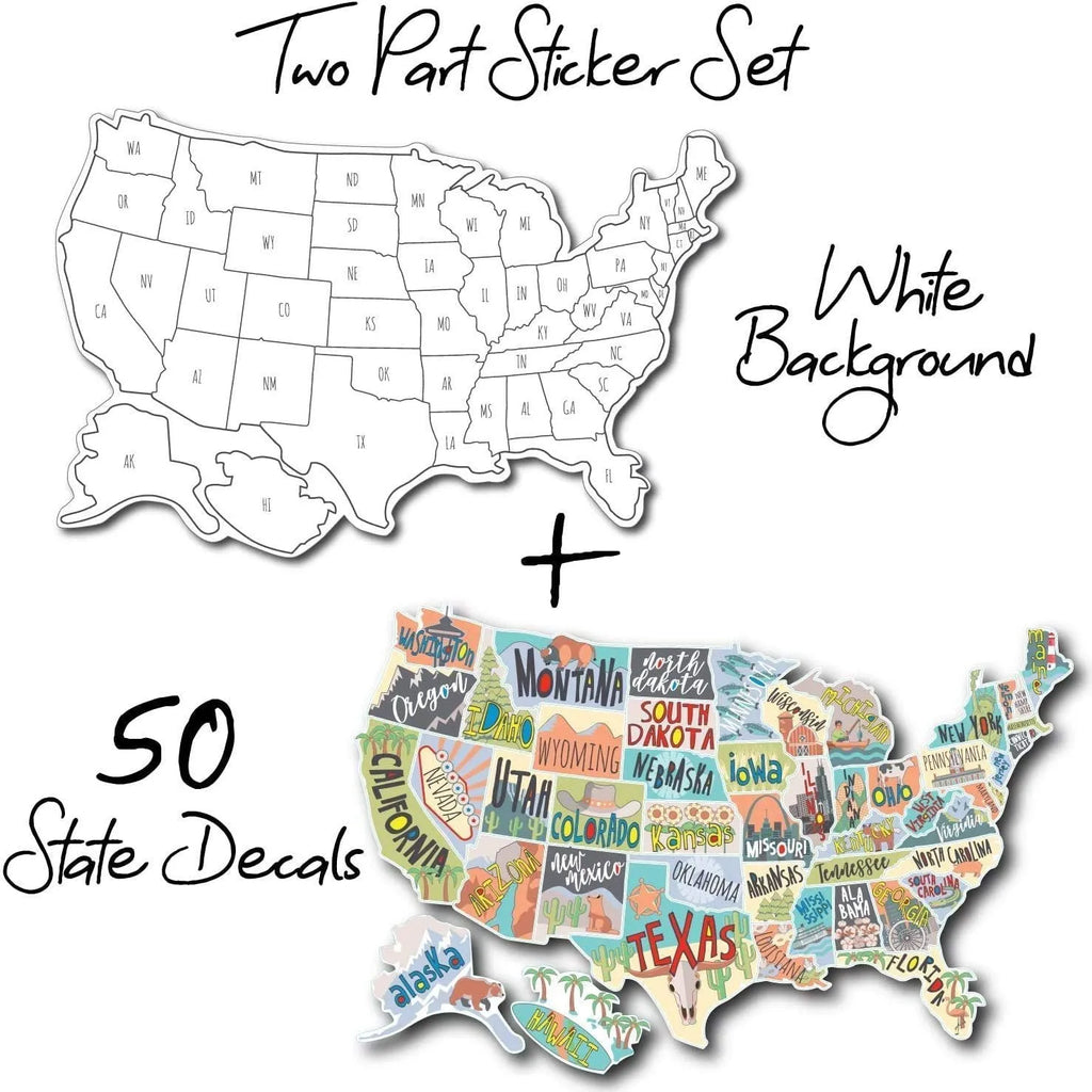 Travel-themed car body sticker set with world map designs and lettering in adhesive vinyl material