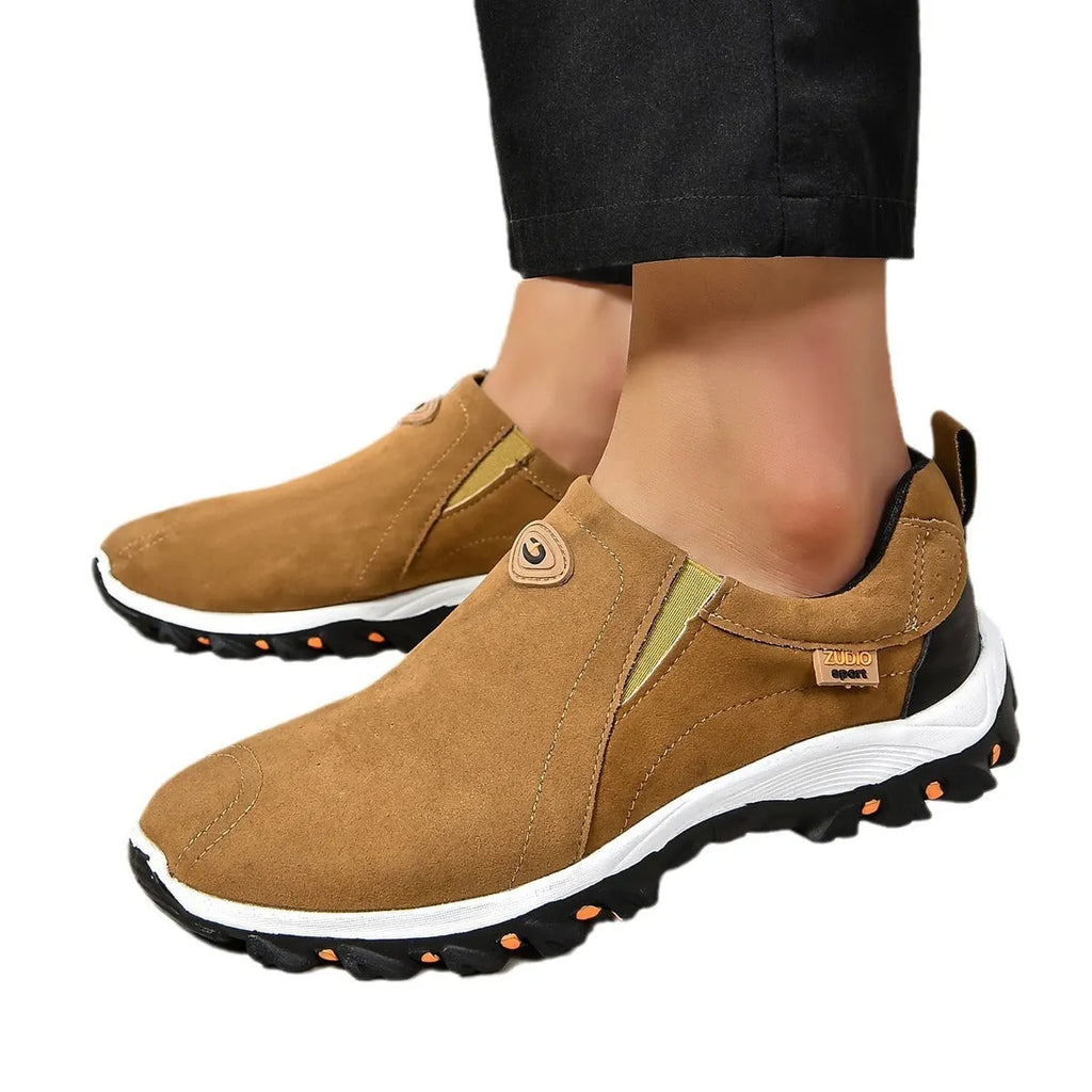 Men's grey thin slip-on oversleeve shoes with round toe and rubber sole
