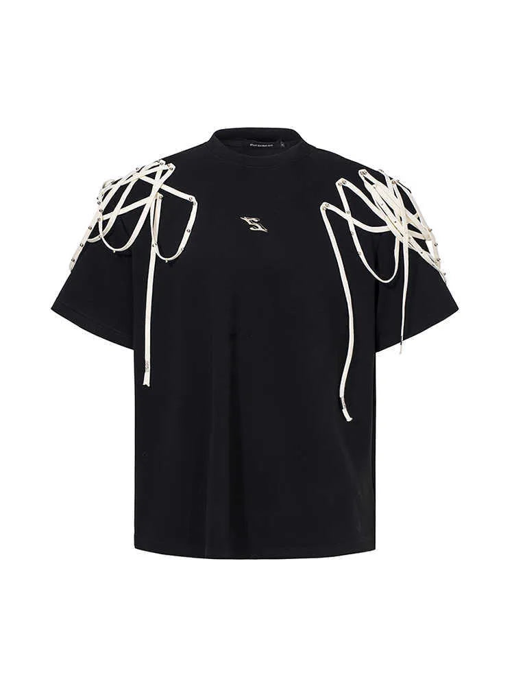 Black loose fit T-shirt with rivet ribbon padded shoulder details and short sleeves