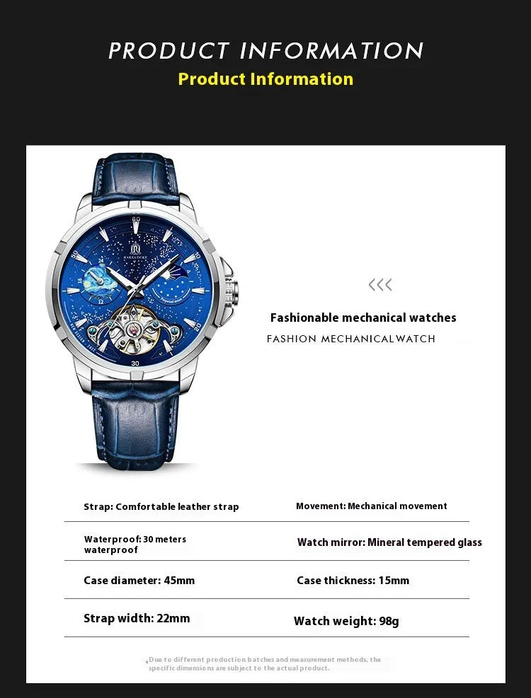 Men's blue dial automatic mechanical watch with stainless steel 14mm case