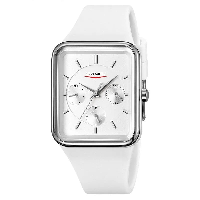 Square waterproof women's watch in silicone with multifunctional display and 10.8mm thickness