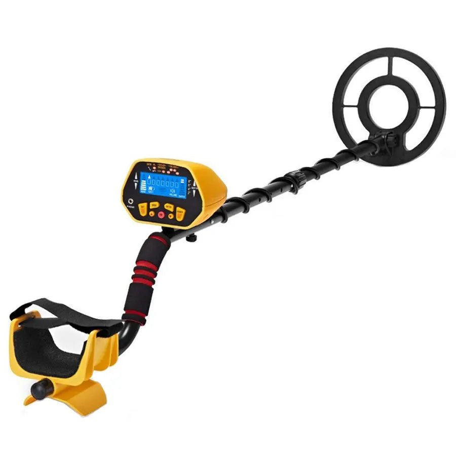 GC1028 black and yellow professional metal detector with LCD screen and adjustable pole.