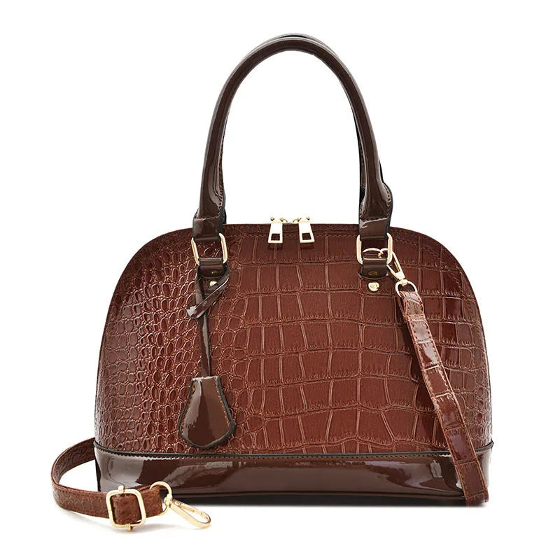 Large capacity shiny black PU leather crossbody bag with shell shape design