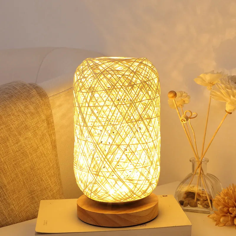 Brown hemp rope desk lamp with solid wood base and USB-powered LED light