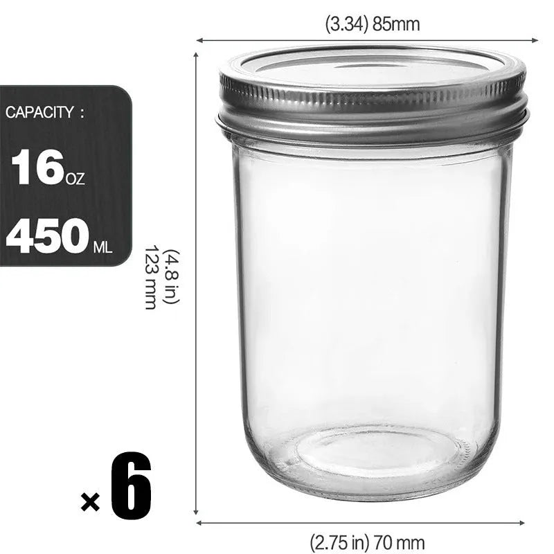 16oz glossy transparent wide mouth glass jar with sealed lid, 6 pack on white surface