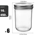 16oz glossy transparent wide mouth glass jar with sealed lid, 6 pack on white surface