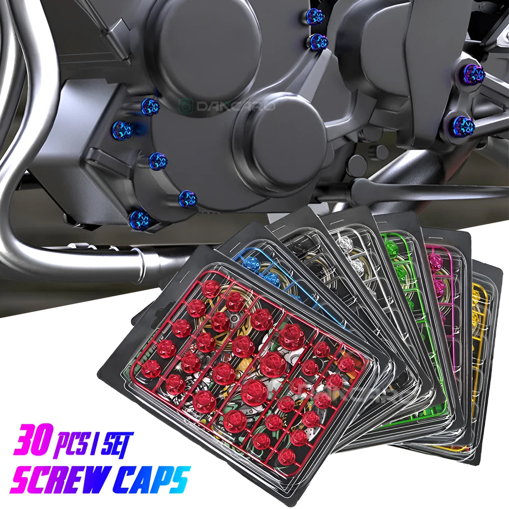 Set of 30 coloured ABS plastic screw caps for motorcycle engine bolt customisation