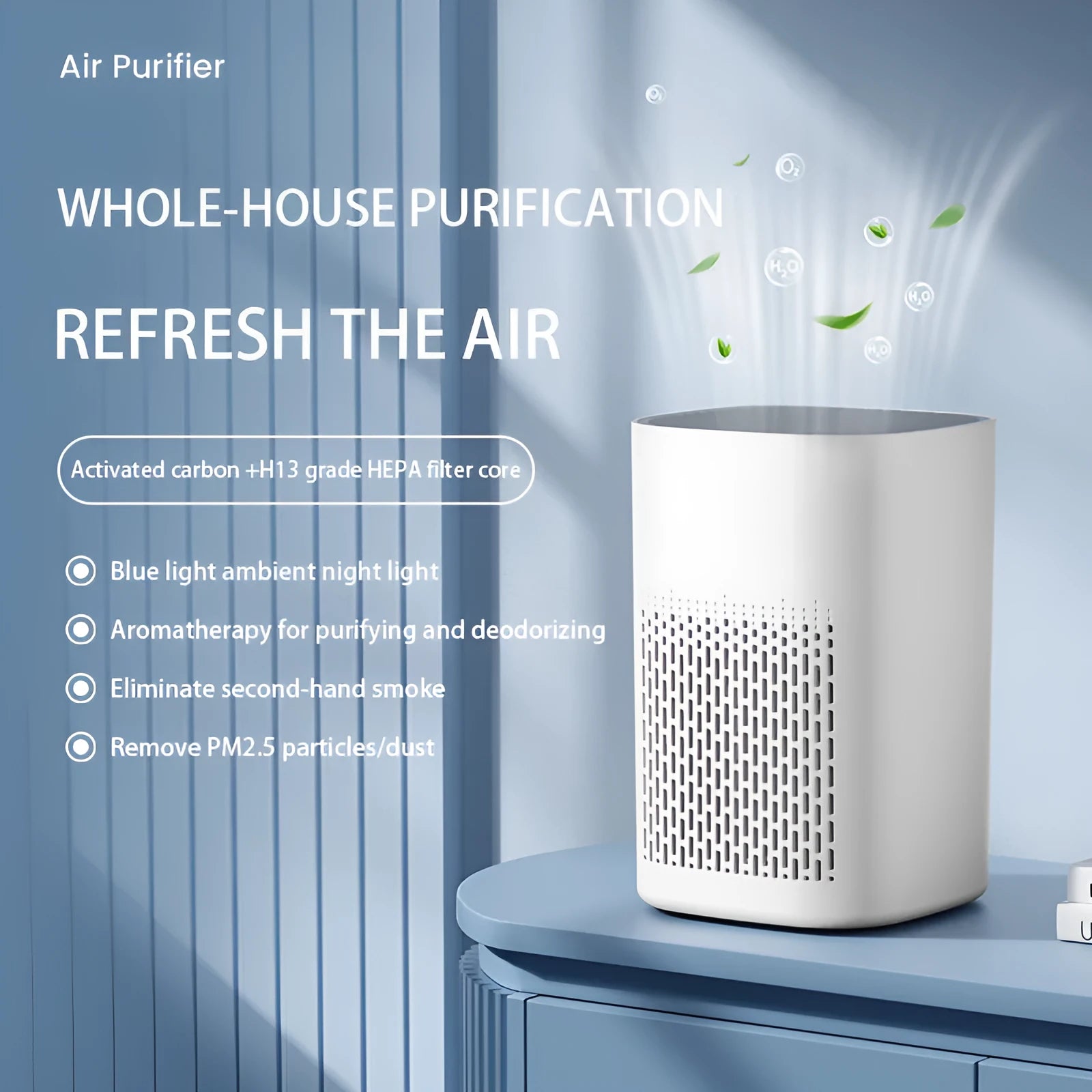 Compact white desktop air purifier with USB cable on wooden desk