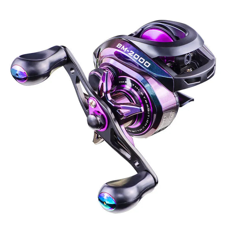 BM2000 model fishing reel with magnetic brake system shown in left-hand and right-hand versions.
