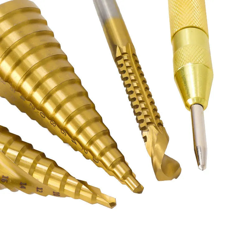 High speed steel step drill bits and centre punch set for metalworking with size markings