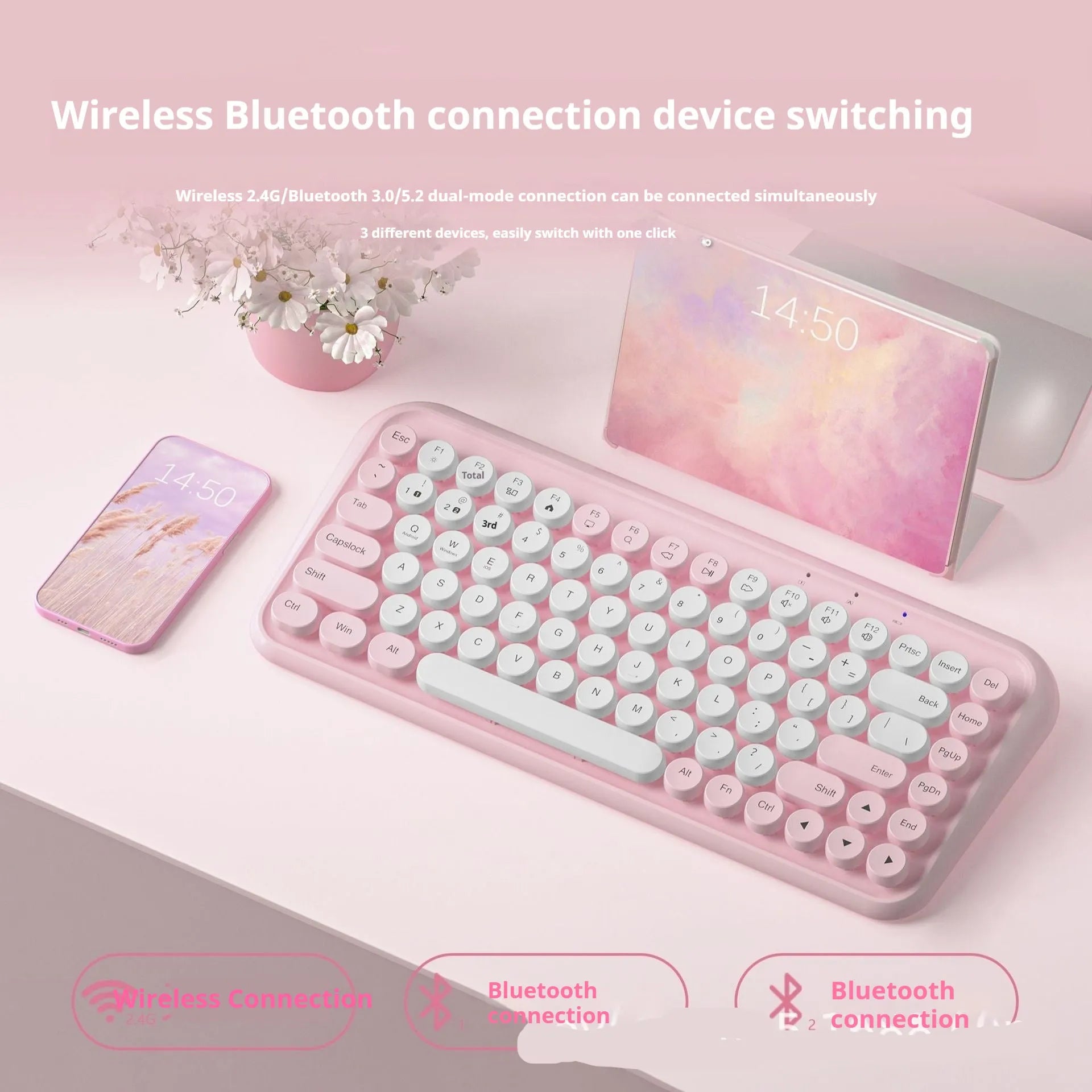 Pink wireless Bluetooth keyboard with 84 silent mechanical keys and compact design