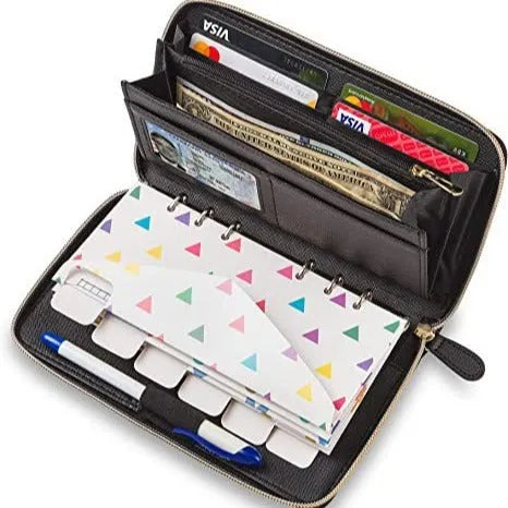 Anti-theft RFID card holder wallet in PU leather showing multiple colour options including black, brown and rose gold